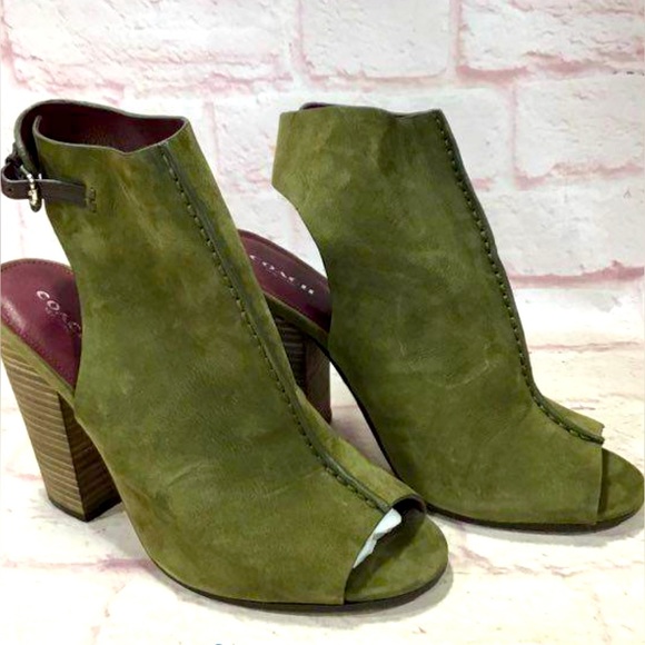 Coach Saratoga Nubuck Vegan Leather Olive Chestnut Peep Toe Size 10M IOB - Picture 3 of 6